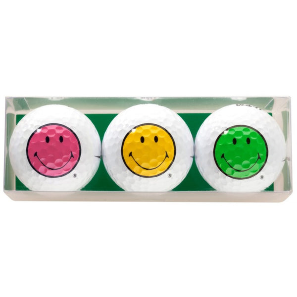 Golf gift - 3 white golf balls with multi-colored smiley